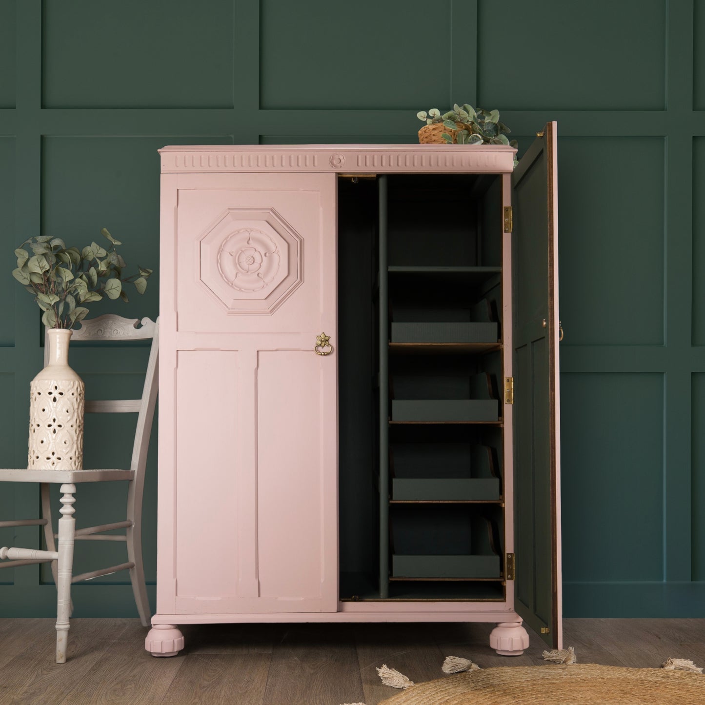 Vintage Upcycled Solid Oak Painted Carved Small Wardrobe