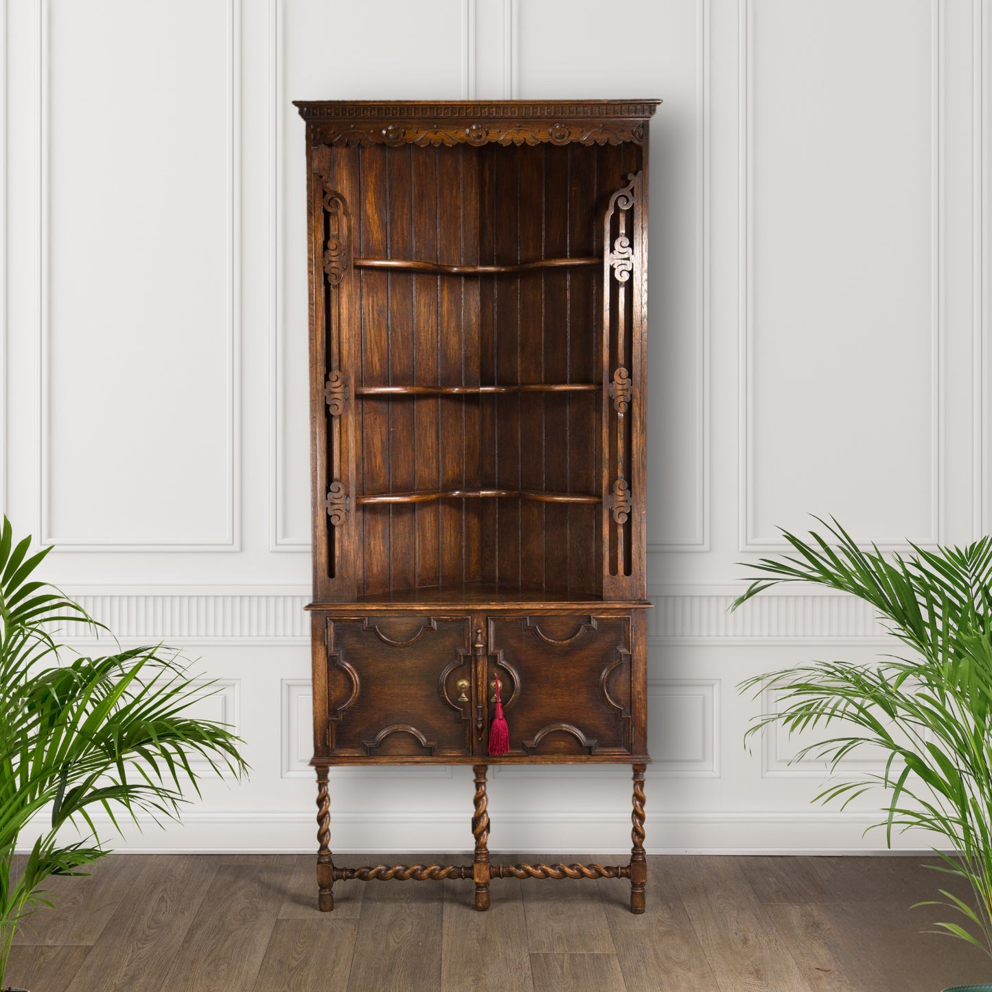 Antique Jacobean Style Solid Dark Oak Corner Cabinet