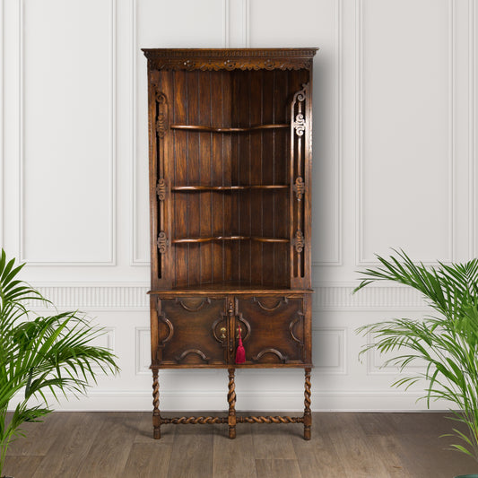 Antique Jacobean Style Solid Dark Oak Corner Cabinet