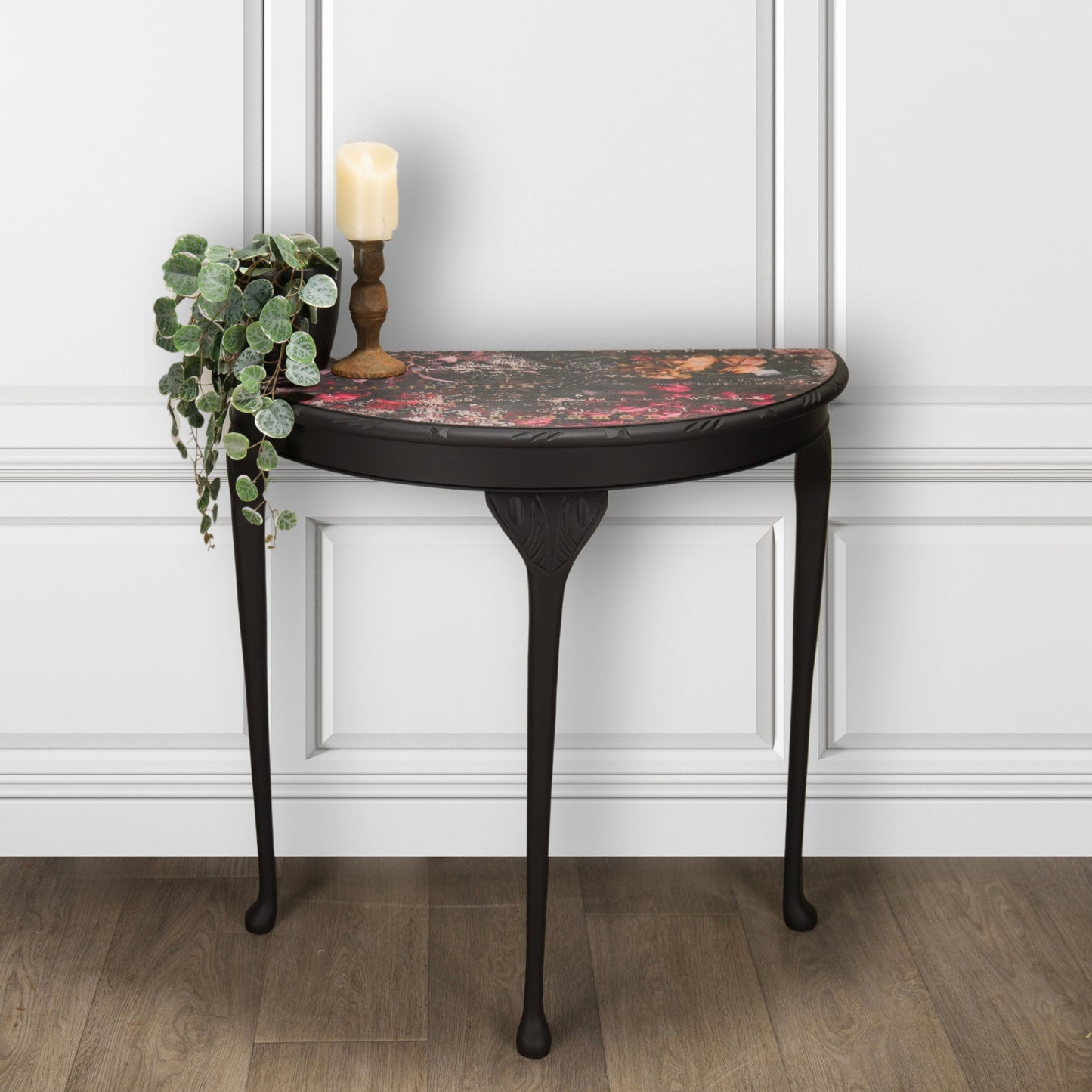 Vintage Upcycled Decoupage Black and Red Demi Lune Console Table