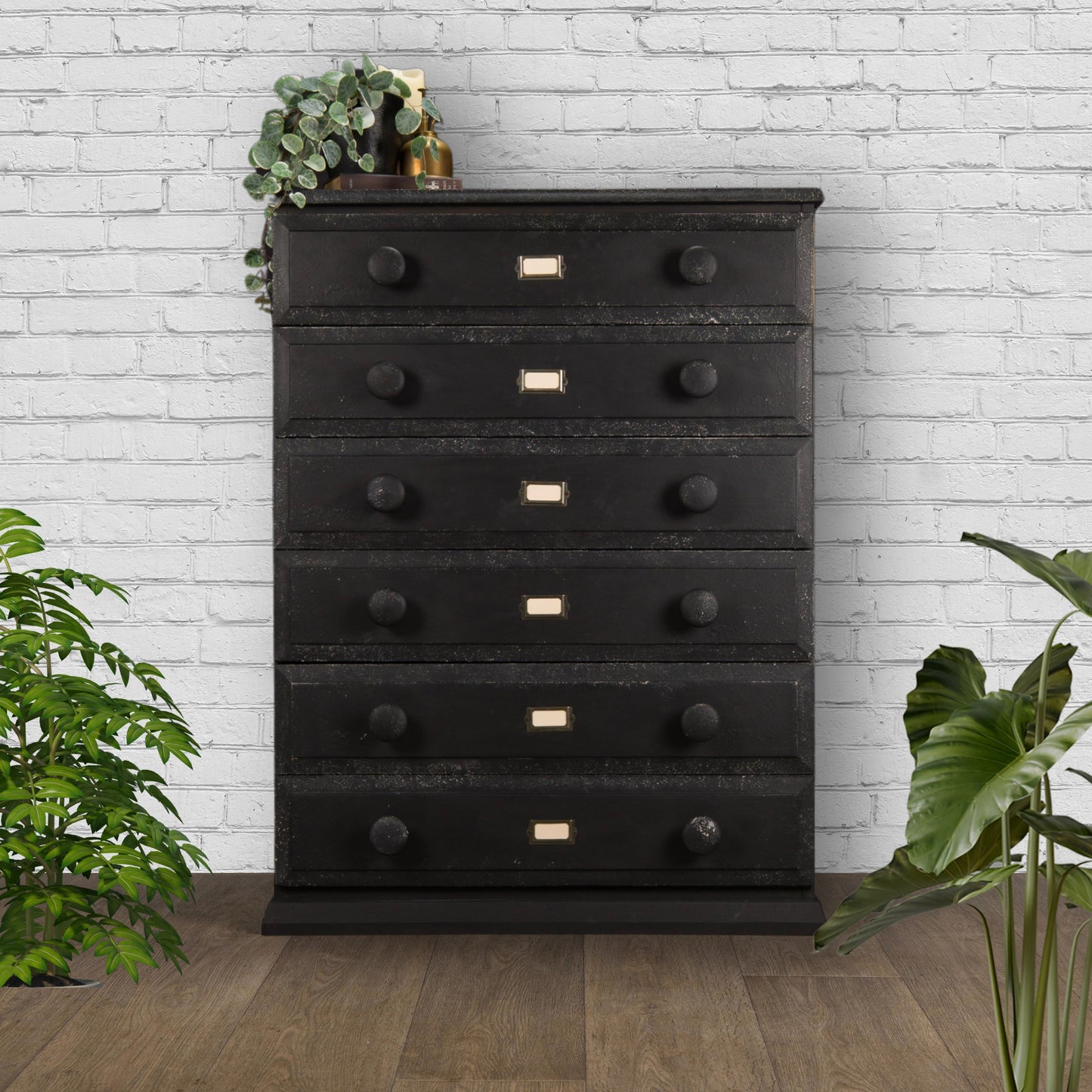 Vintage Upcycled Solid Pine Black Painted Industrial Apothecary Style Chest of Drawers