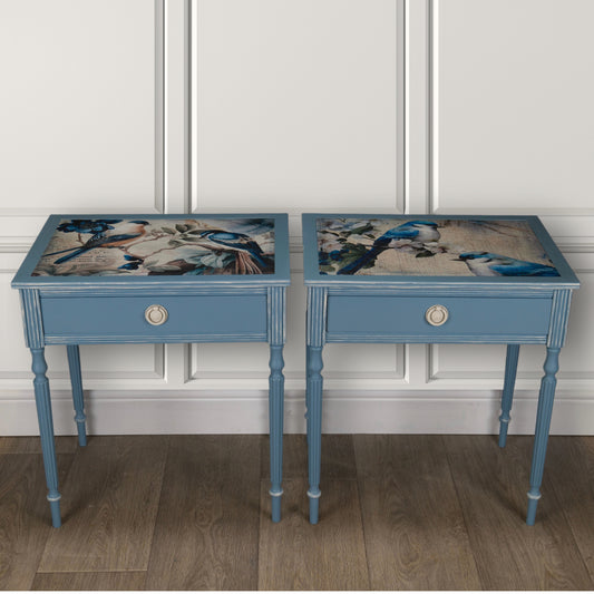 Pair of Vintage Upcycled Dusty Blue Bird Bedside Tables