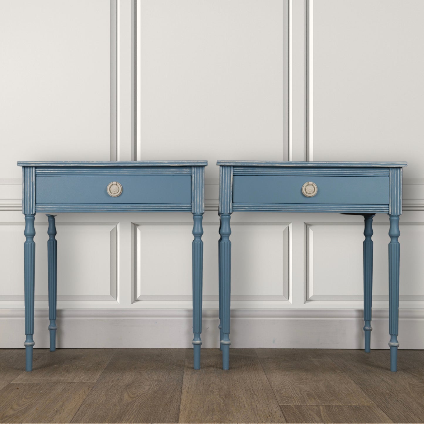 Pair of Vintage Upcycled Dusty Blue Bird Bedside Tables