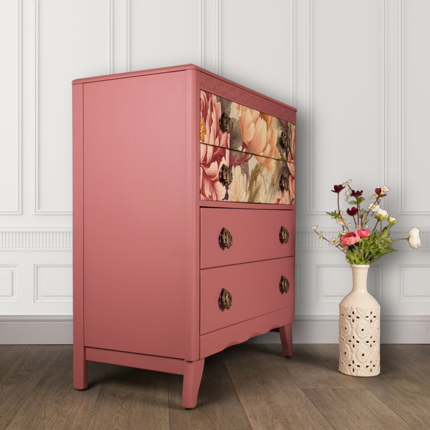 Upcycled Vintage MCM Pink Painted Lebus Chest of Drawers