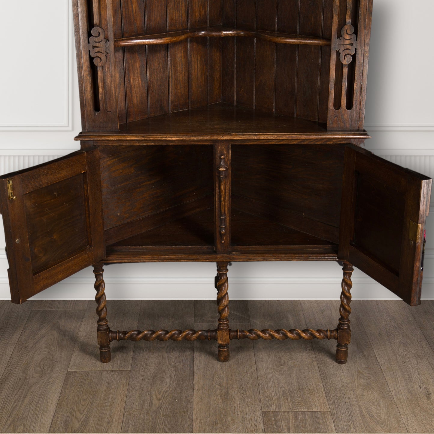 Antique Jacobean Style Solid Dark Oak Corner Cabinet