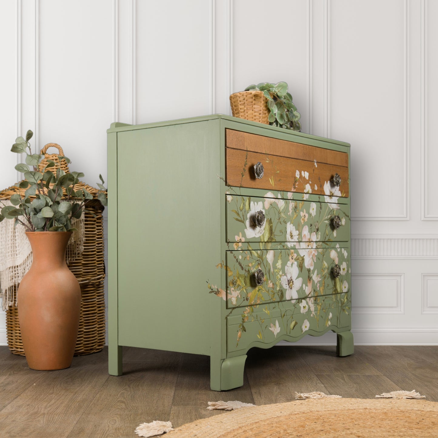 Vintage Upcycled MCM Mid Century Green Painted Lebus Chest of Drawers