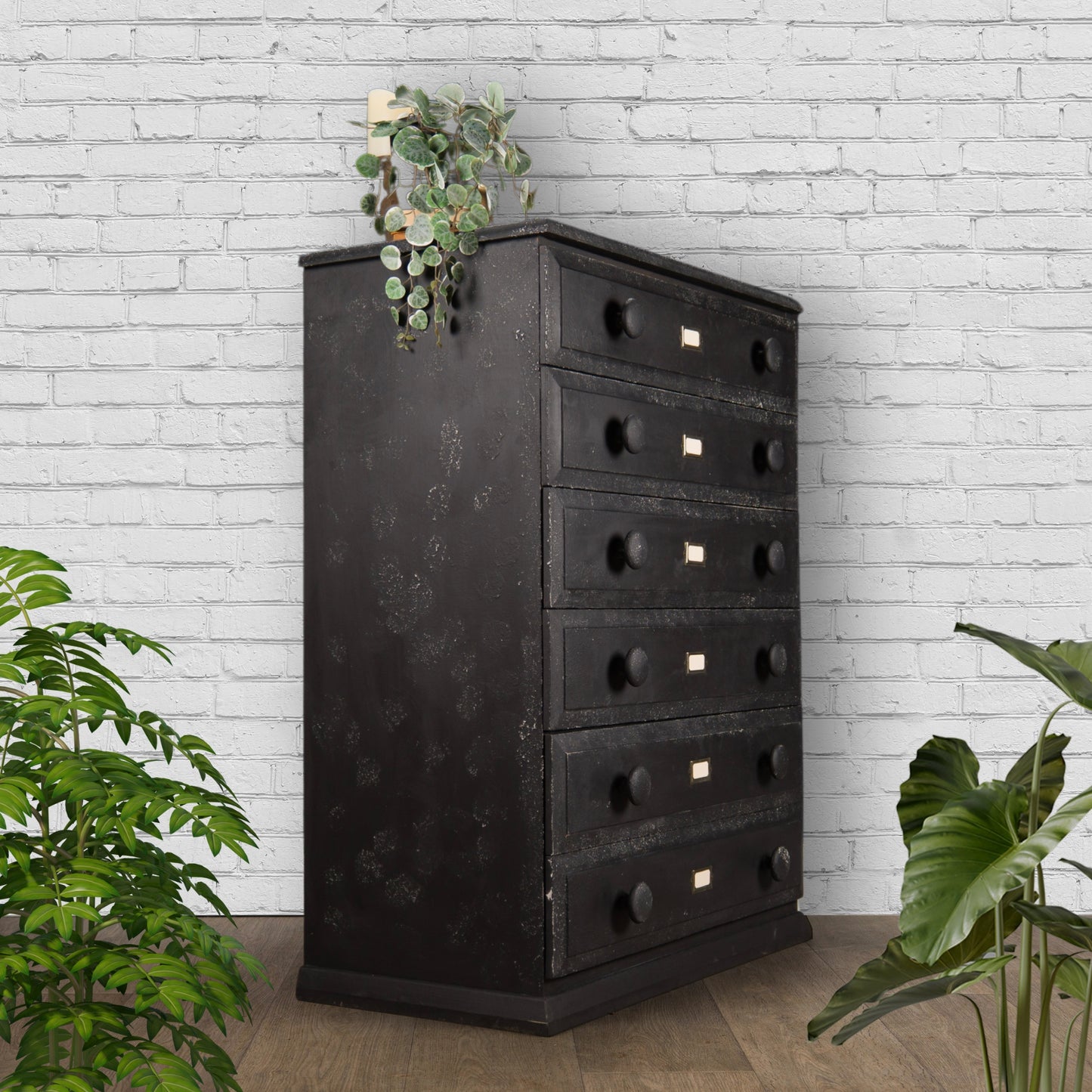 Vintage Upcycled Solid Pine Black Painted Industrial Apothecary Style Chest of Drawers