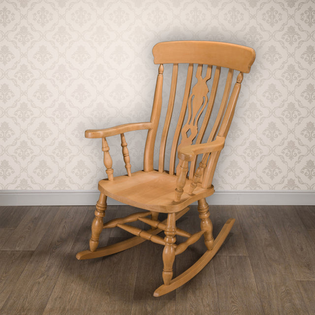 Vintage Solid Beech Fiddle Back Farmhouse Rocking Chair