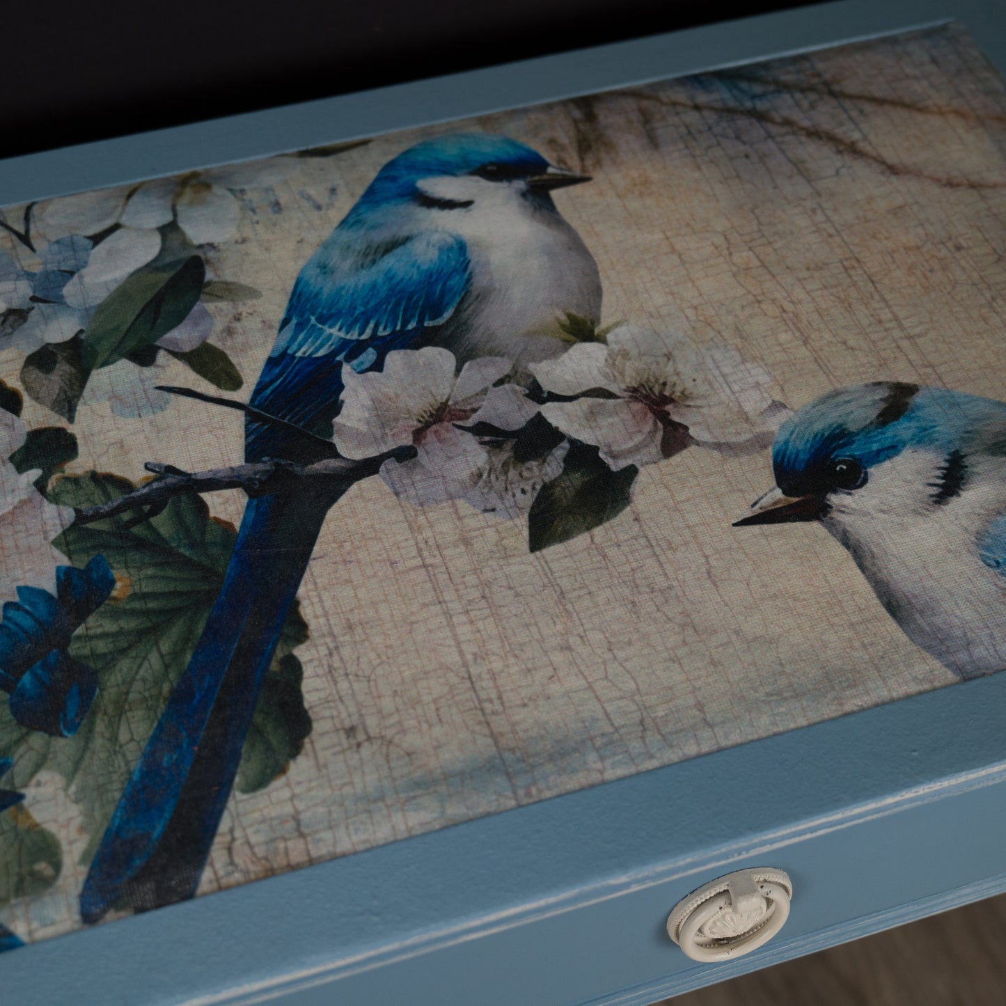 Pair of Vintage Upcycled Dusty Blue Bird Bedside Tables