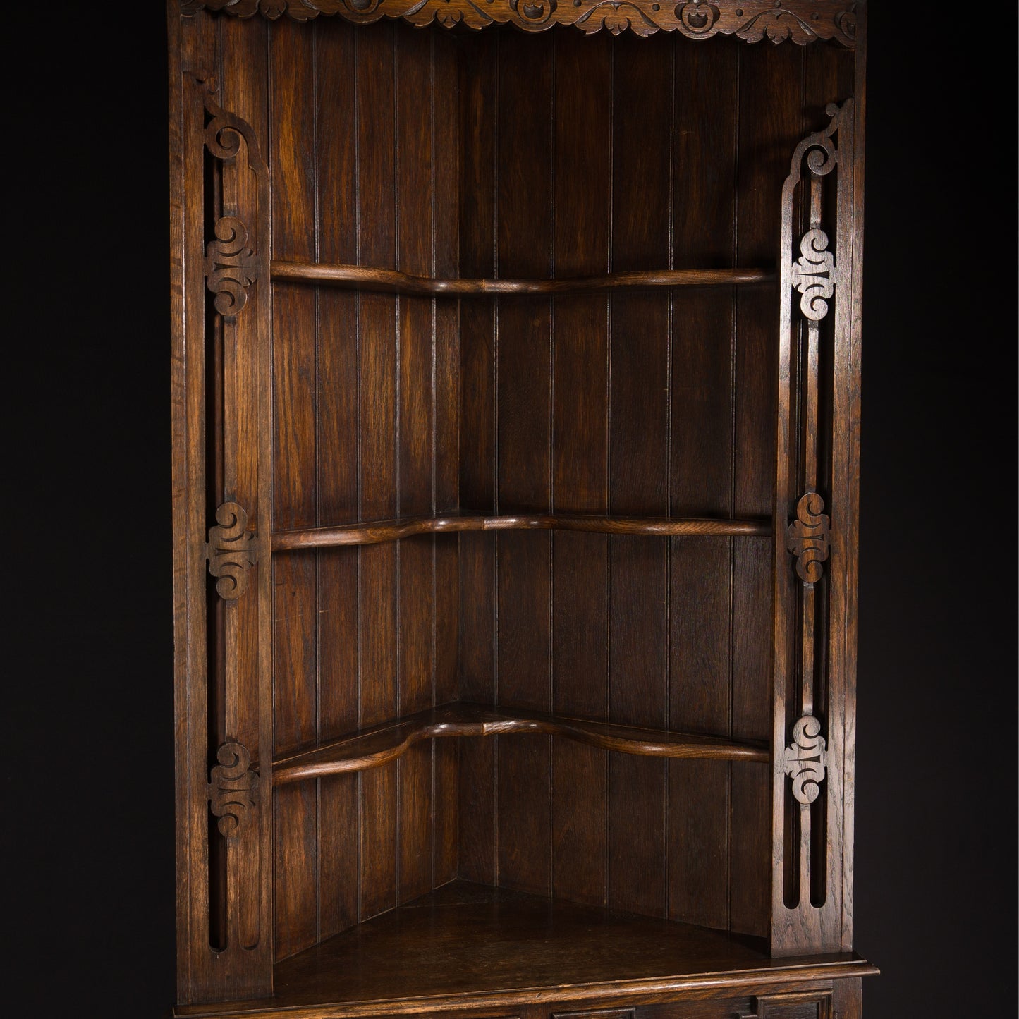 Antique Jacobean Style Solid Dark Oak Corner Cabinet