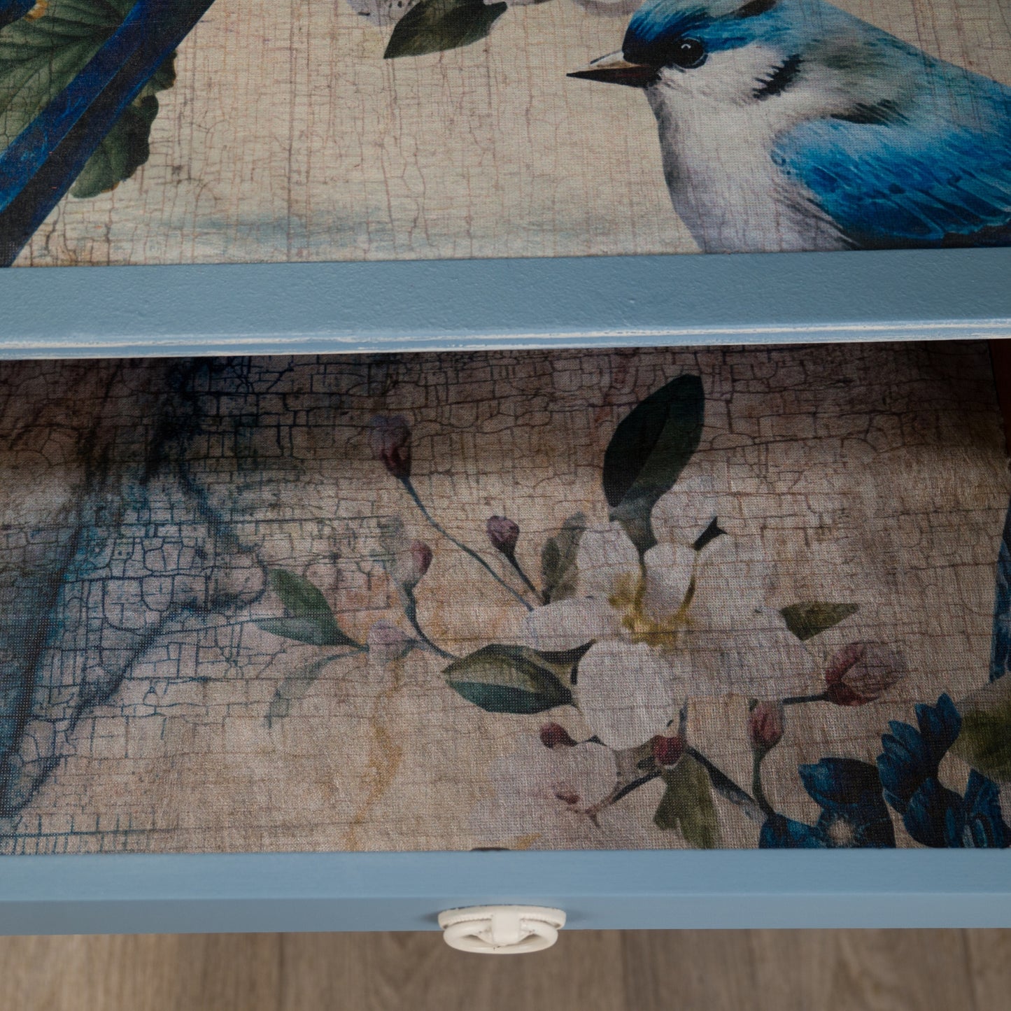 Pair of Vintage Upcycled Dusty Blue Bird Bedside Tables