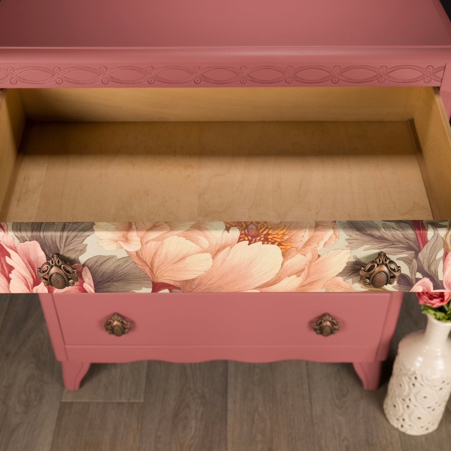 Upcycled Vintage MCM Pink Painted Lebus Chest of Drawers